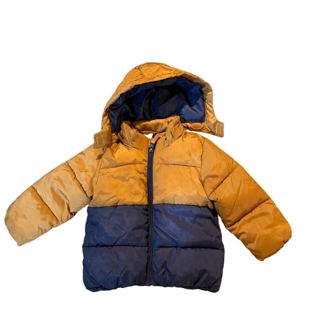 H & M Toddler 18 months Puffer Coat Removable Hood Gold Blue Full Zip Jacket